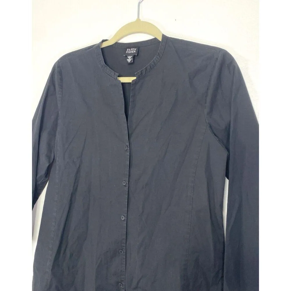 Eileen Fisher Black Button Down 3/4 Sleeve Cotton Spandex Minimalist Shirt Top M - Image 10