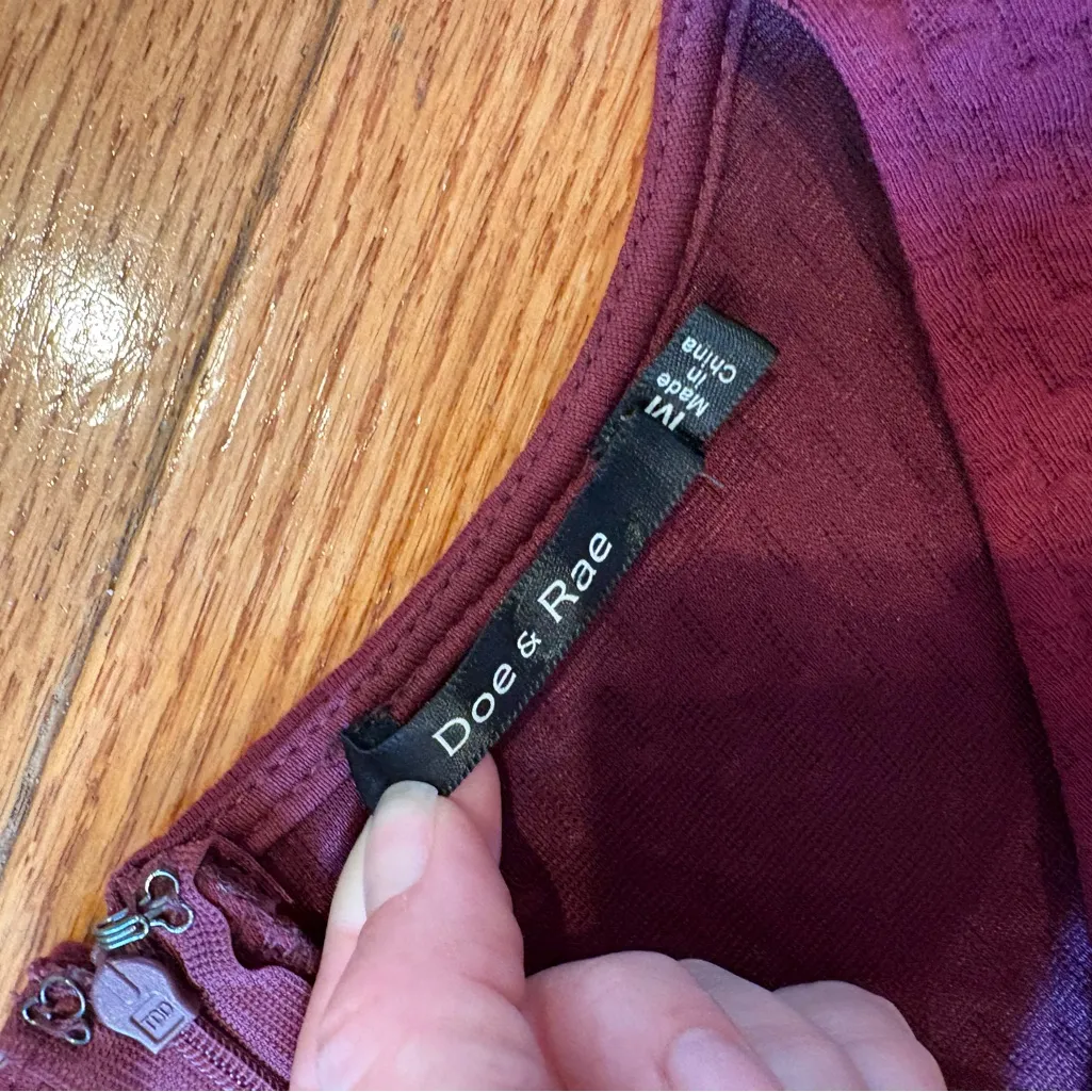 DOE & RAE Burgundy Fit & Flare Dress Crocheted Lace Trim - Image 2