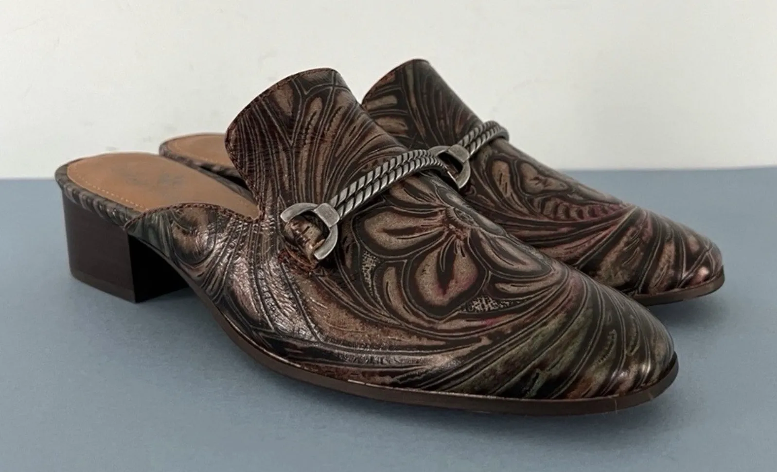 Patricia Nash Tilly Tobacco Fields Tooled Leather Floral Slip On Mule Loafers - Image 1