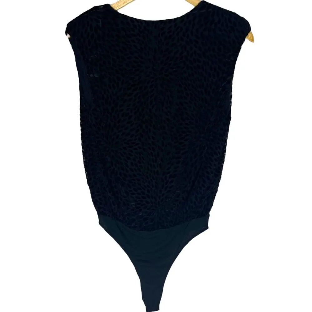 Ramy Brook Women's M Regina Cap Sleeve Bodysuit‎ Black Flocked Velvet Dot Print - Image 5