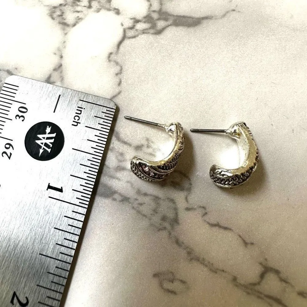 Silver tone pink rhinestone half hoop earrings - Image 6