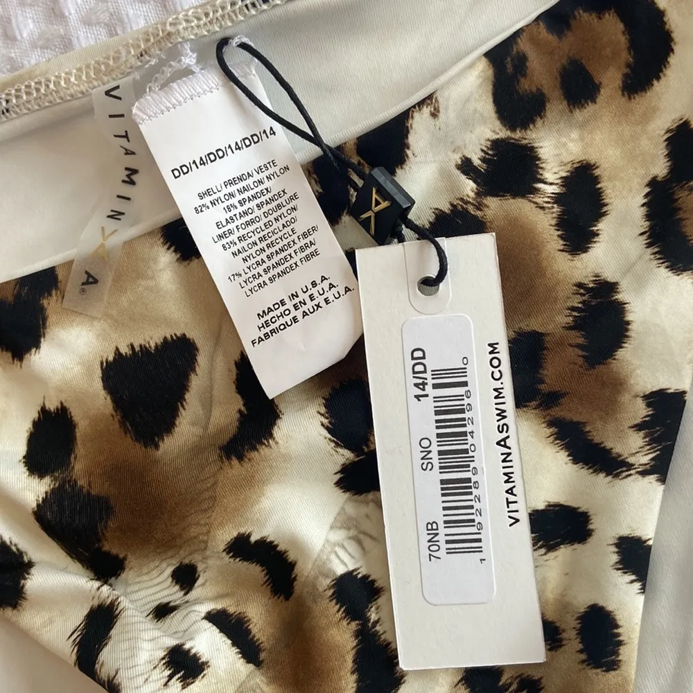 VITAMIN A ELLE Side Tie String Bikini Bottoms Size 14DD Leopard Cream Black Tan - Image 4