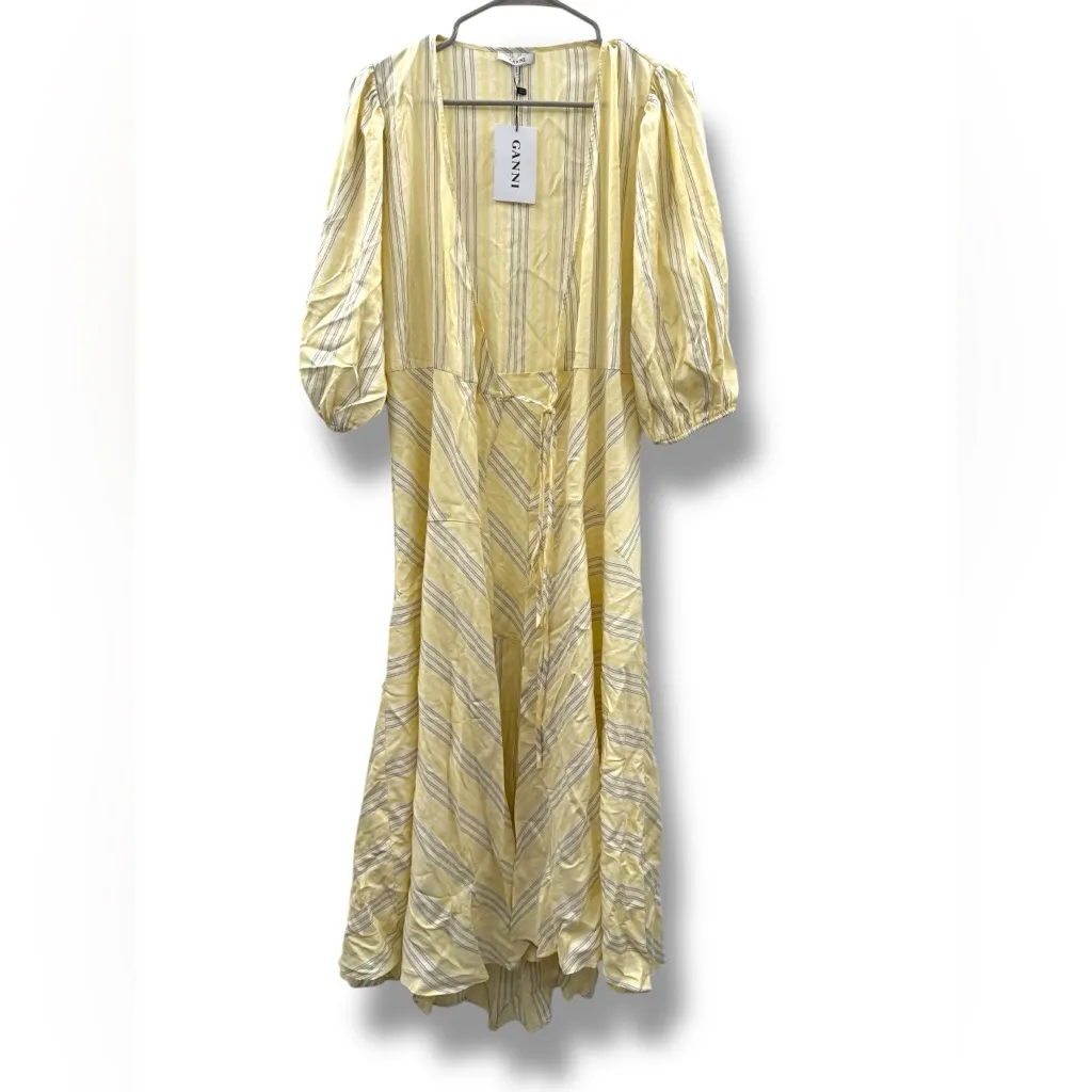 Ganni NWT 1739 Bergamot Silk Wrap Dress‎ Women’s Size 38 Vanilla Ice Puff Sleeve - Image 2