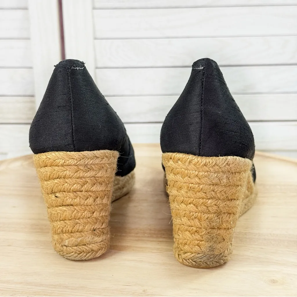 White Mountain Dupioni Fabric Peep‎ Toe Espadrille Wedge Heels Black 9 - Image 6