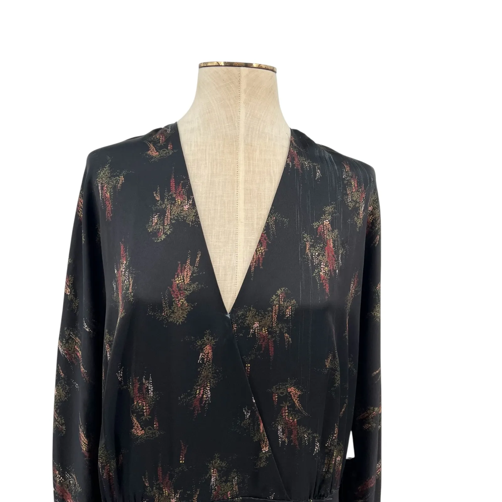 Vince Wisteria Wrap‎ Dress Midi Satin Long Sleeve Black Size XL *Damaged - Image 4