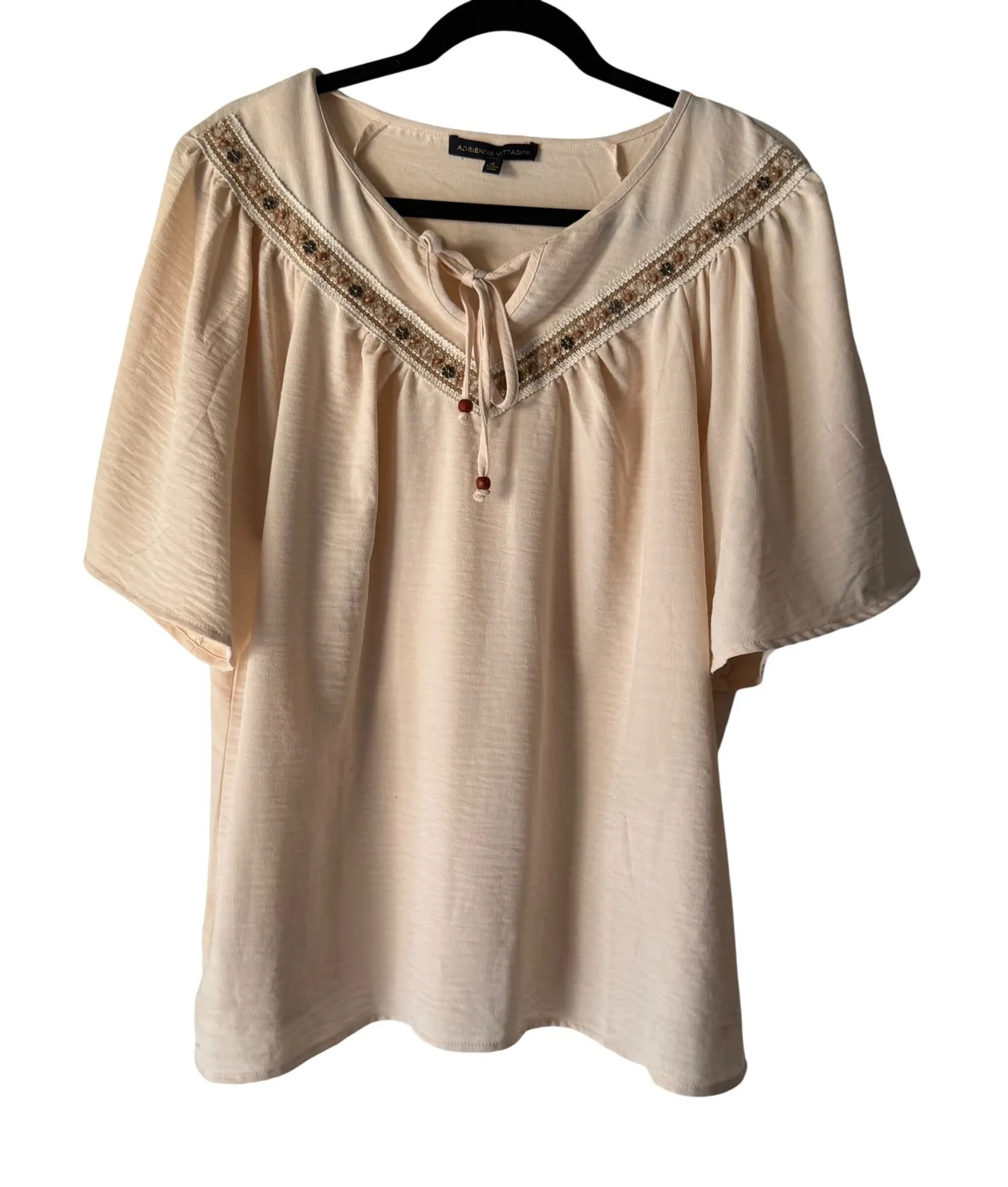 Adrienne Vittadini Womens XL Beige Embroidered Blouse Shirt Boho Peasant Beaded - Image 1