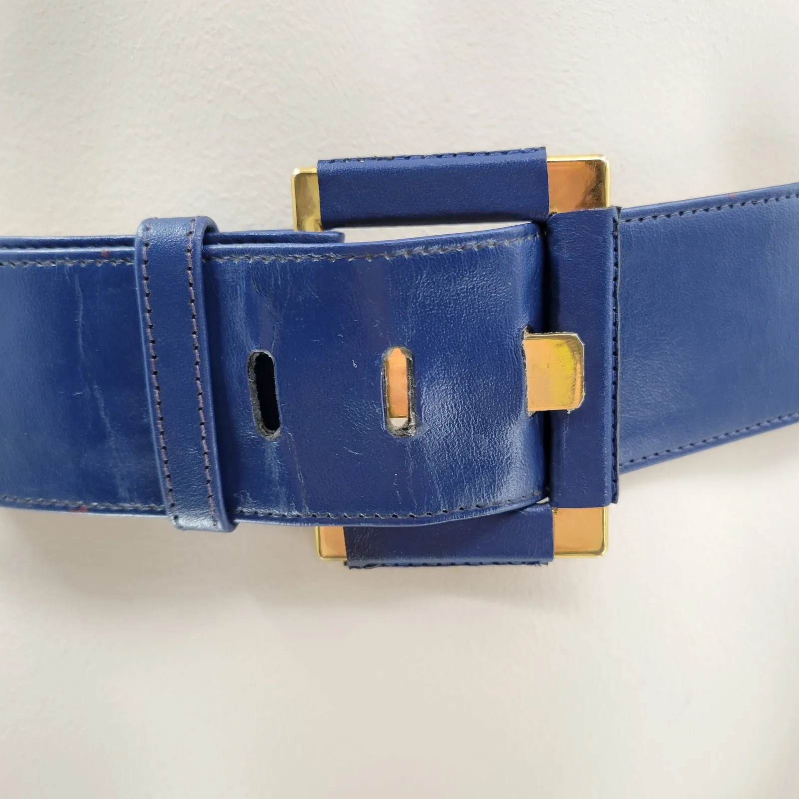 Yves Saint Laurent 4930 Wide Leather Belt Blue Rectangle Brass Buckle Art Deco - Image 3