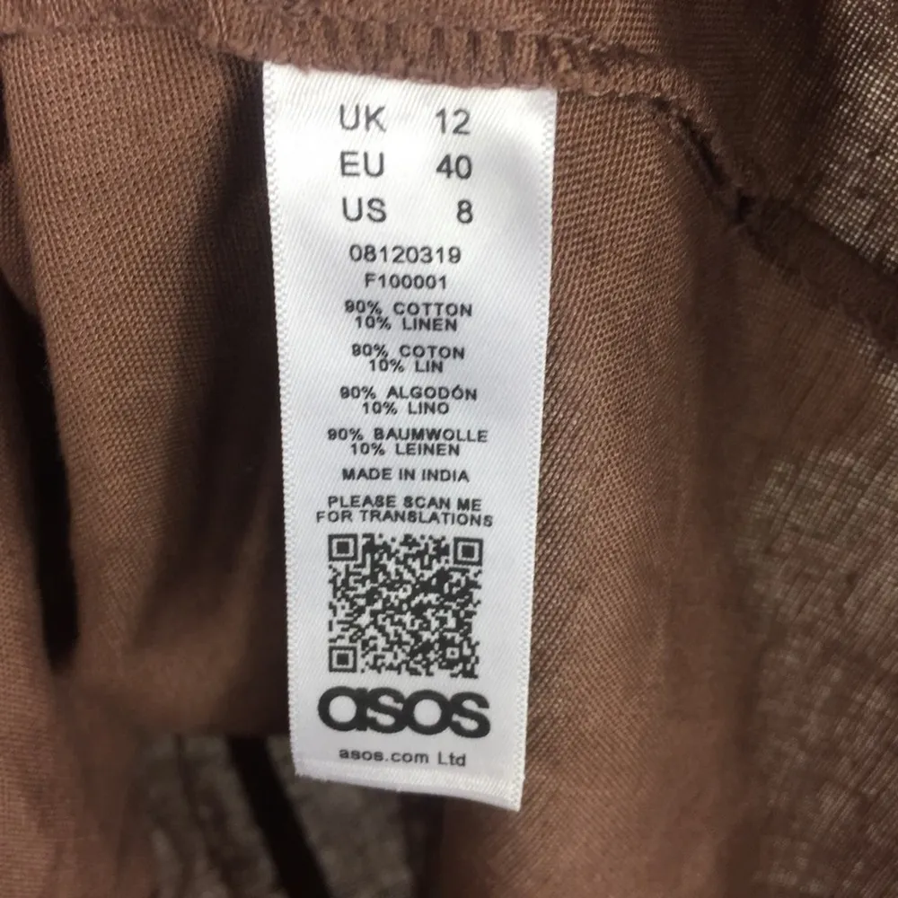 NWT ASOS Design Brown Linen Puff Sleeve Ruched Front Mini Dress Size 8 - Image 7