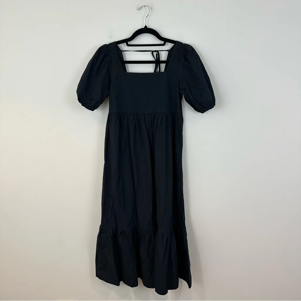 OAK + FORT Black Midi Dress with Puff Sleeves Ruffle Hem Size XS Women's - Image 2