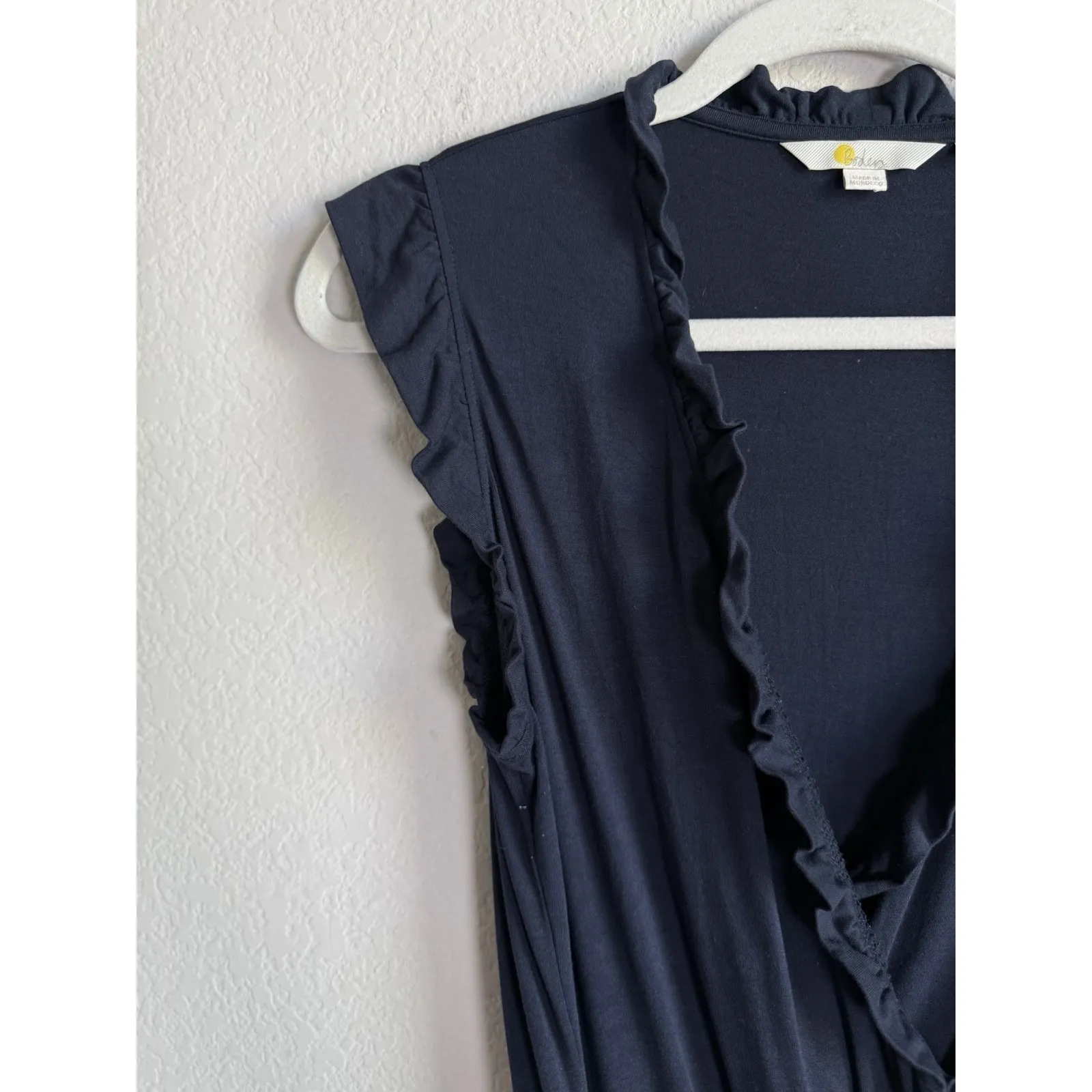 Boden Women's Sheath Ruffle Fixed Wrap Jersey Dress Navy Size 12 Casual Pockets Blue - Image 14