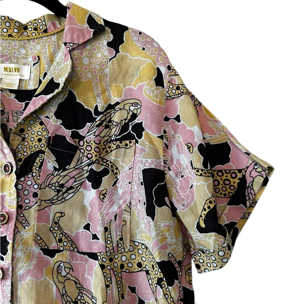 Anthropologie Maeve Cheetah Birds Printed Button Up Linen Shirt Boxy Size XS - Image 5