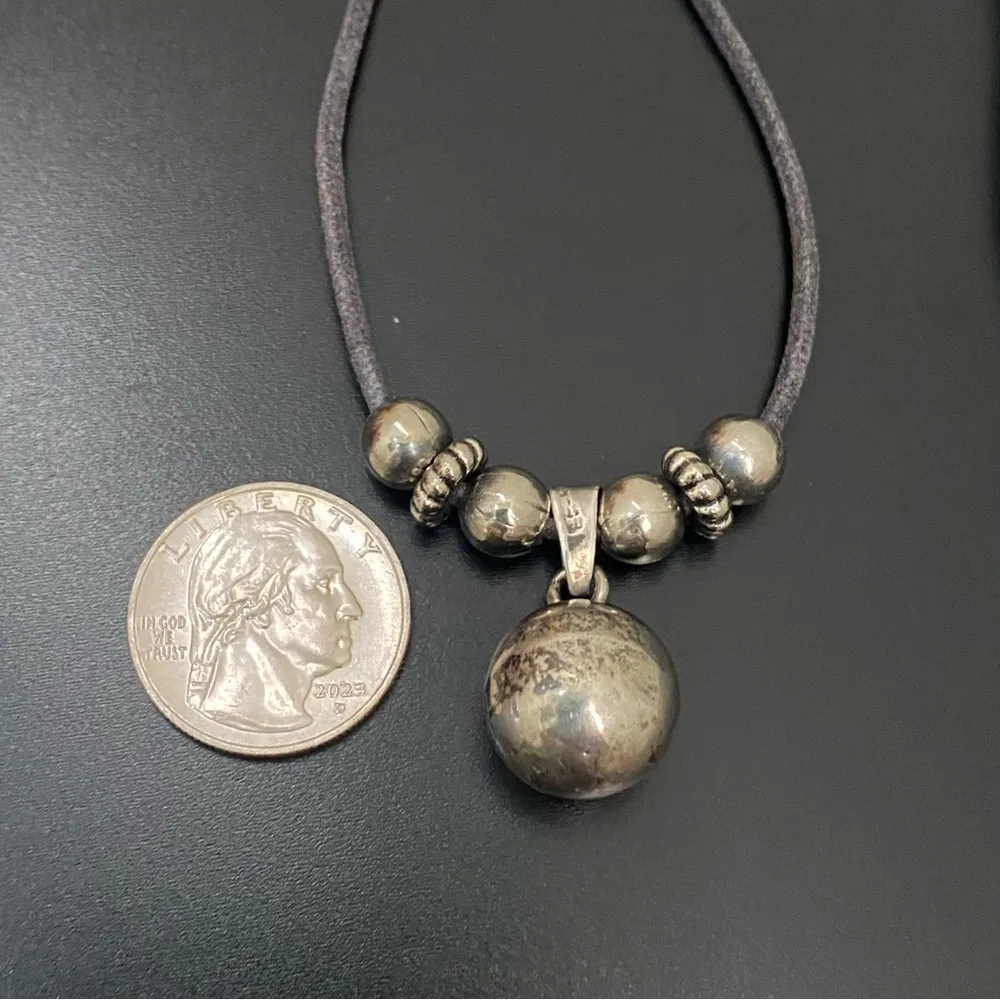Vintage Mexican Sterling Silver Bell/Chime Ball Pendant Black Cord Necklace 13g - Image 5