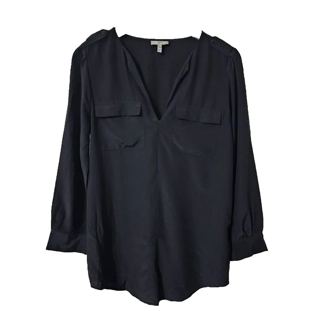 Joie 100% Silk Popover Blouse Black Long Sleeve V-Neck Utility Pocket Size XS - Image 2