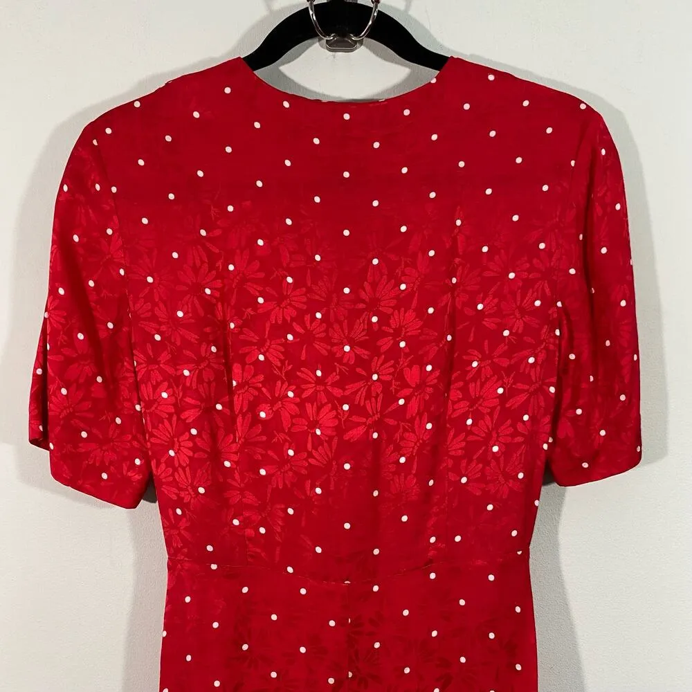 Maje Women's Red Polka Dot Textured Floral Tie Front Cutout Midi Dress Size 36 - Image 9