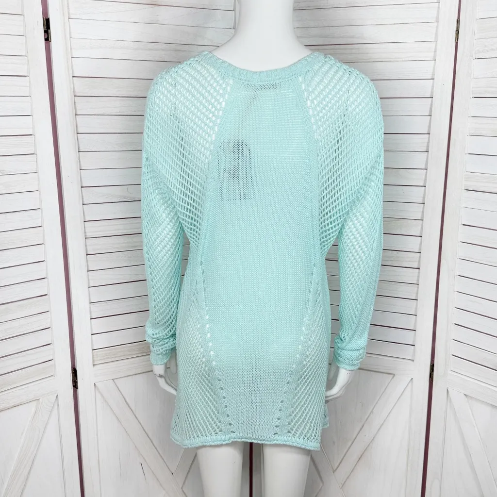 Paradise Shores Open Knit Mesh Beach Sweater Swim Cover Aqua Green Medium - Image 4