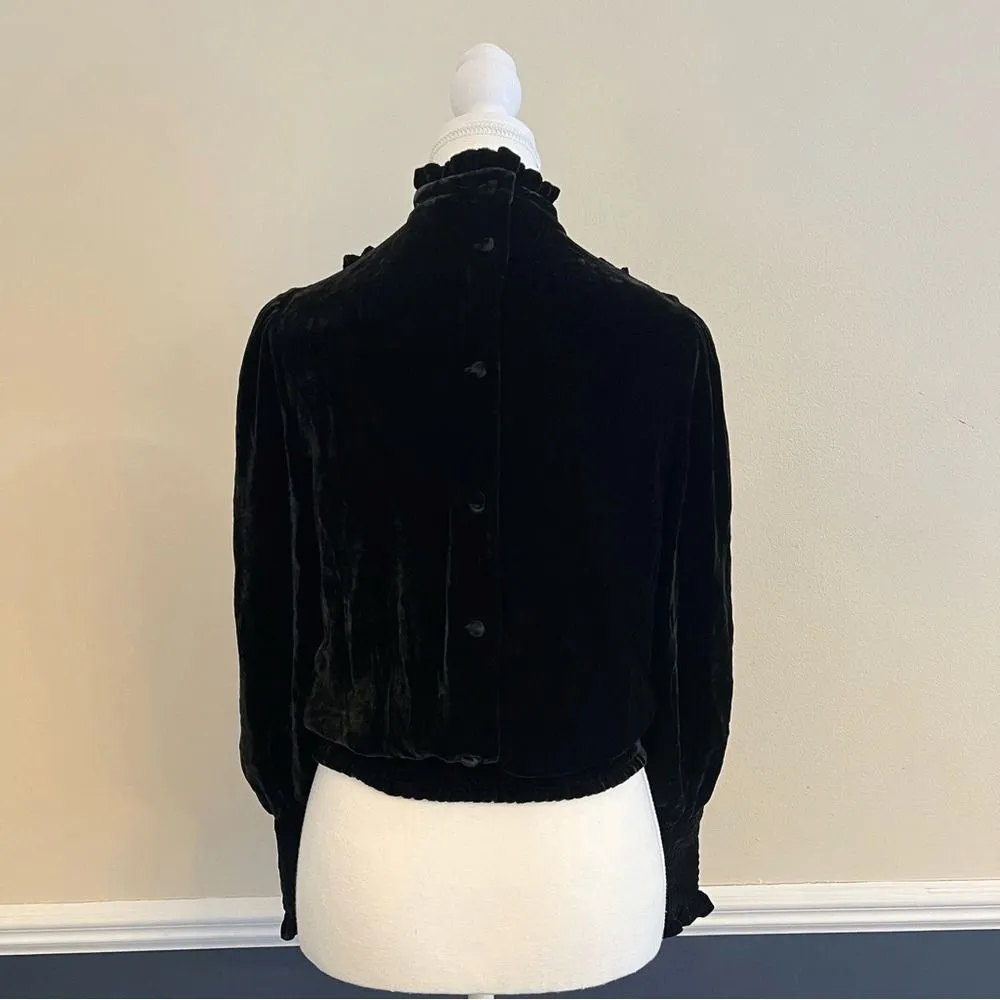 FRAME Victorian Velvet Ruffle Blouse Black  High Neck Size Small - Image 8