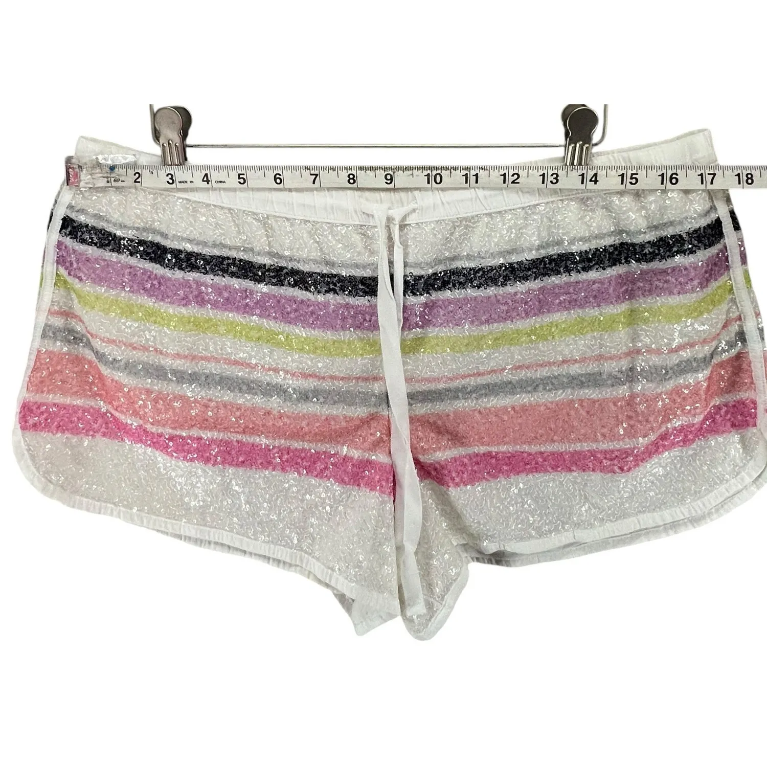 Victorias Secret Y2K Micro Shorts Womens L White Rainbow Stripe Sequin Lounge - Image 4