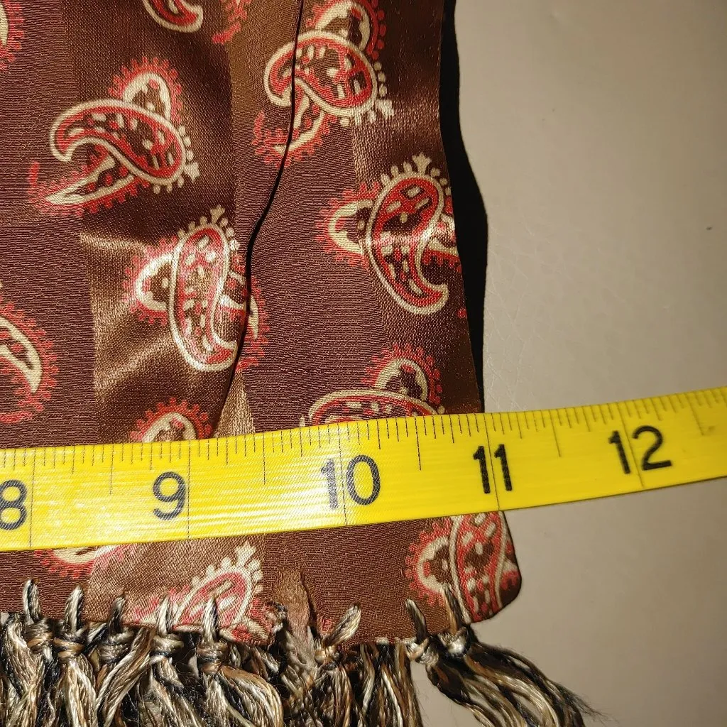 Brown Paisley Satin Scarf Vintage Fringe Trim 42 by 11 Inches Unisex Luxurious - Image 4