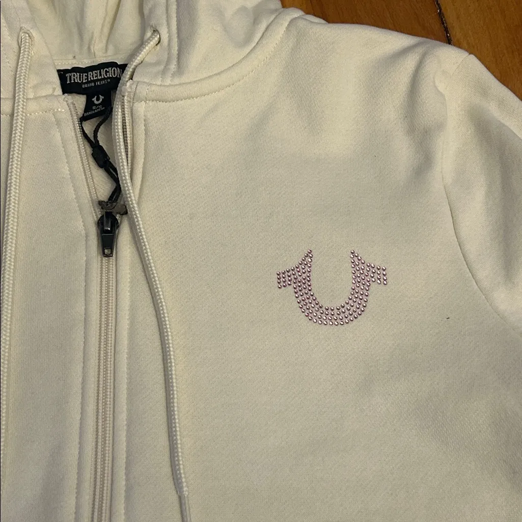 True Religion White and Pink Buddha Zip Up Hoodie - Image 5
