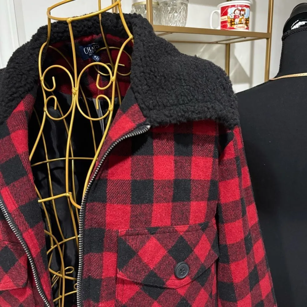 Chaps Red and Black Plaid Fringe Jacket with sherpa collar NWT Size XL - Image 4