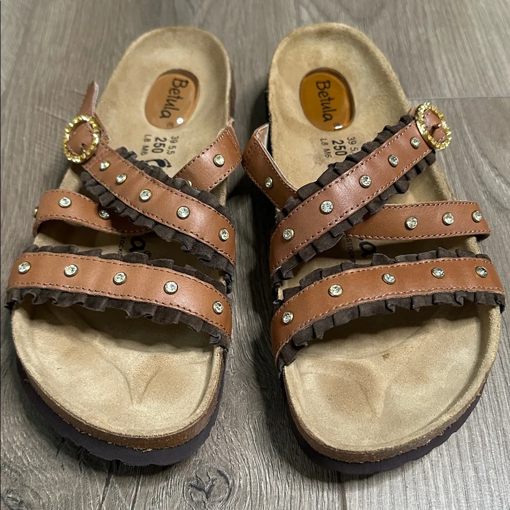 Birkenstock Betula Rhinestone Stud Brown Leather Strappy Sandals Euro 39‎ Size 8 - Image 6