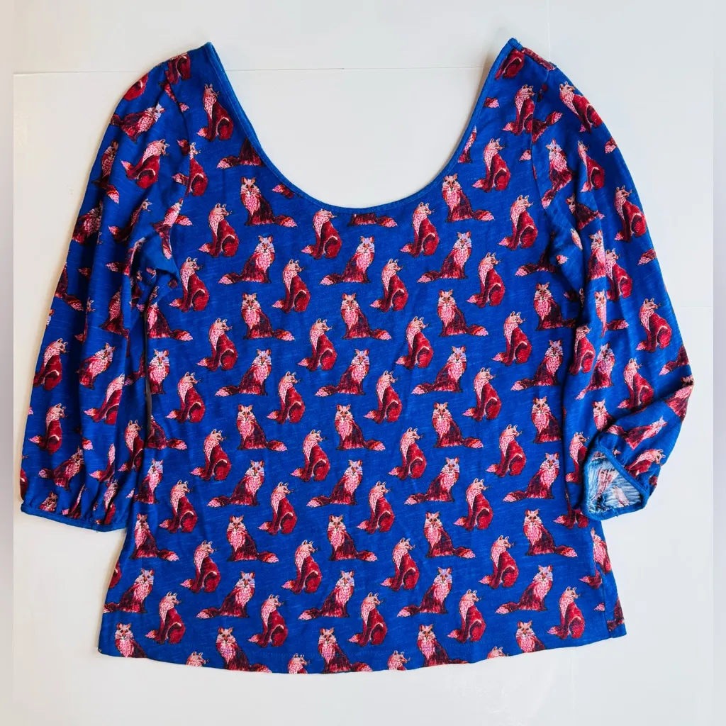 Anthropologie Postmark Forest Fete Fox Print Scoopneck Top Blue Size M - Image 7