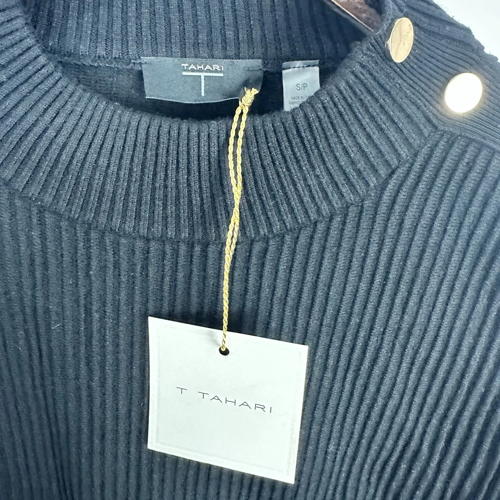 T Tahari Black Ribbed Button Shoulder Sweater S Minimalist Quiet Luxury Chic - Image 3