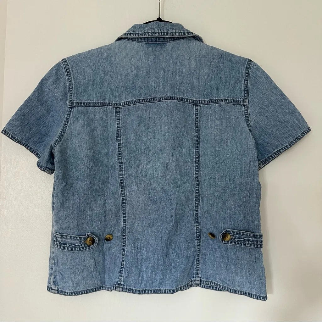 Vintage Sigrid Olsen Sport Chambray Button Down Blouse Short Sleeve Womens Small Blue - Image 4