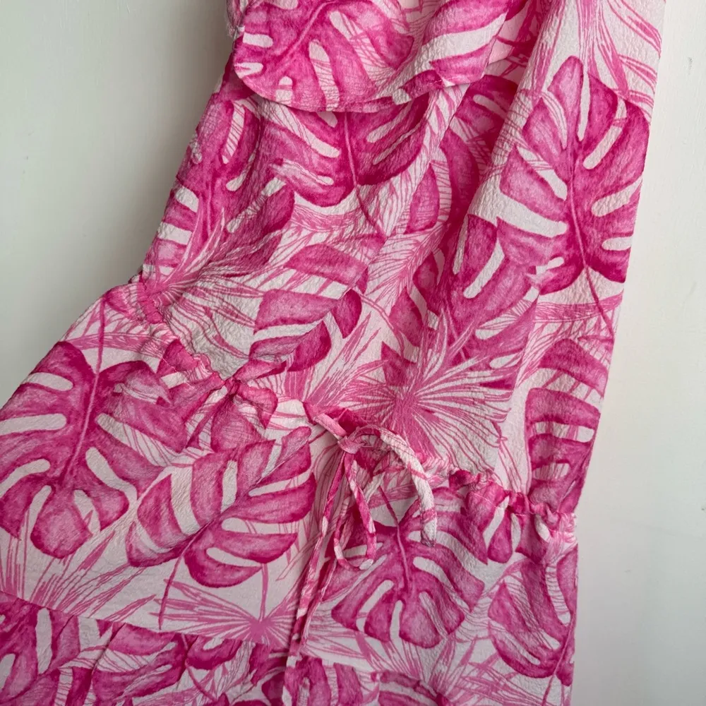 Cupshe Malina One Shoulder Ruffle Tiered Mini Dress Sz Small Pink Palm Tropical - Image 8