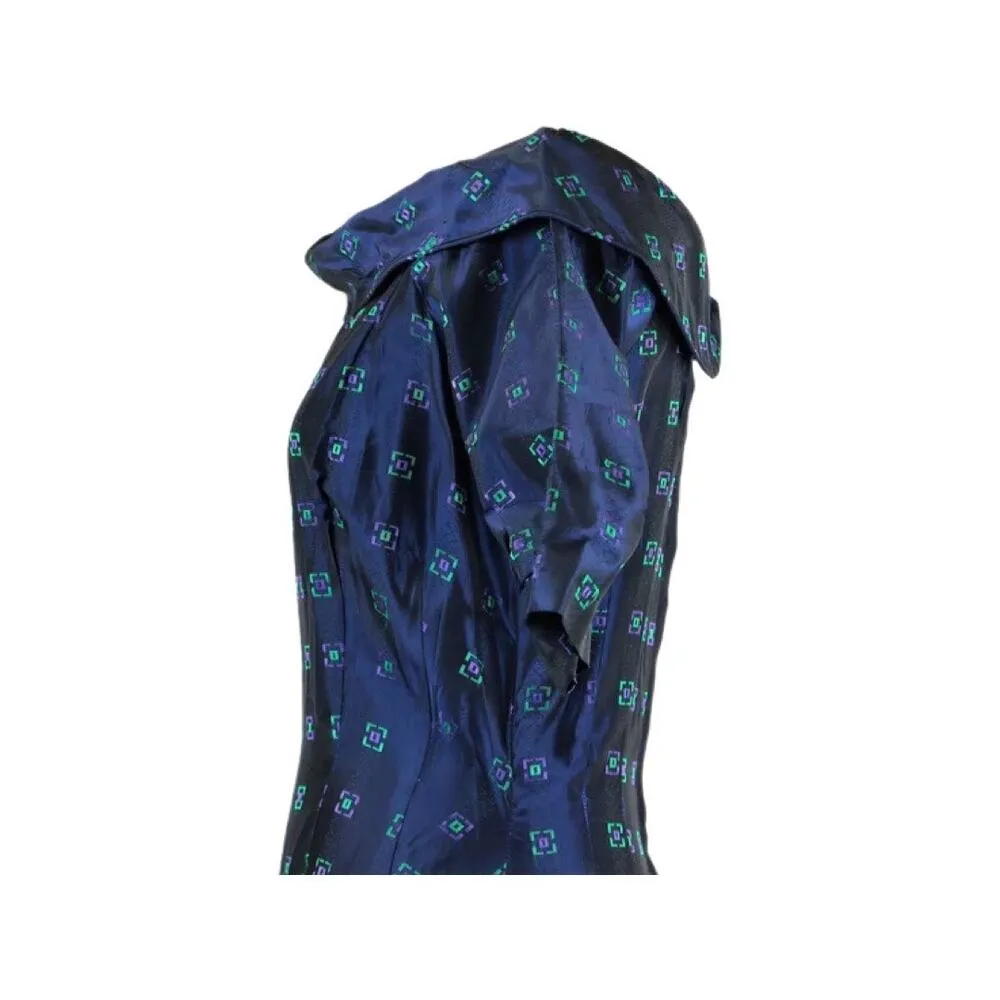 1950s Navy Blue Day Dress Purple Green Geometric Print Size Small - Image 10