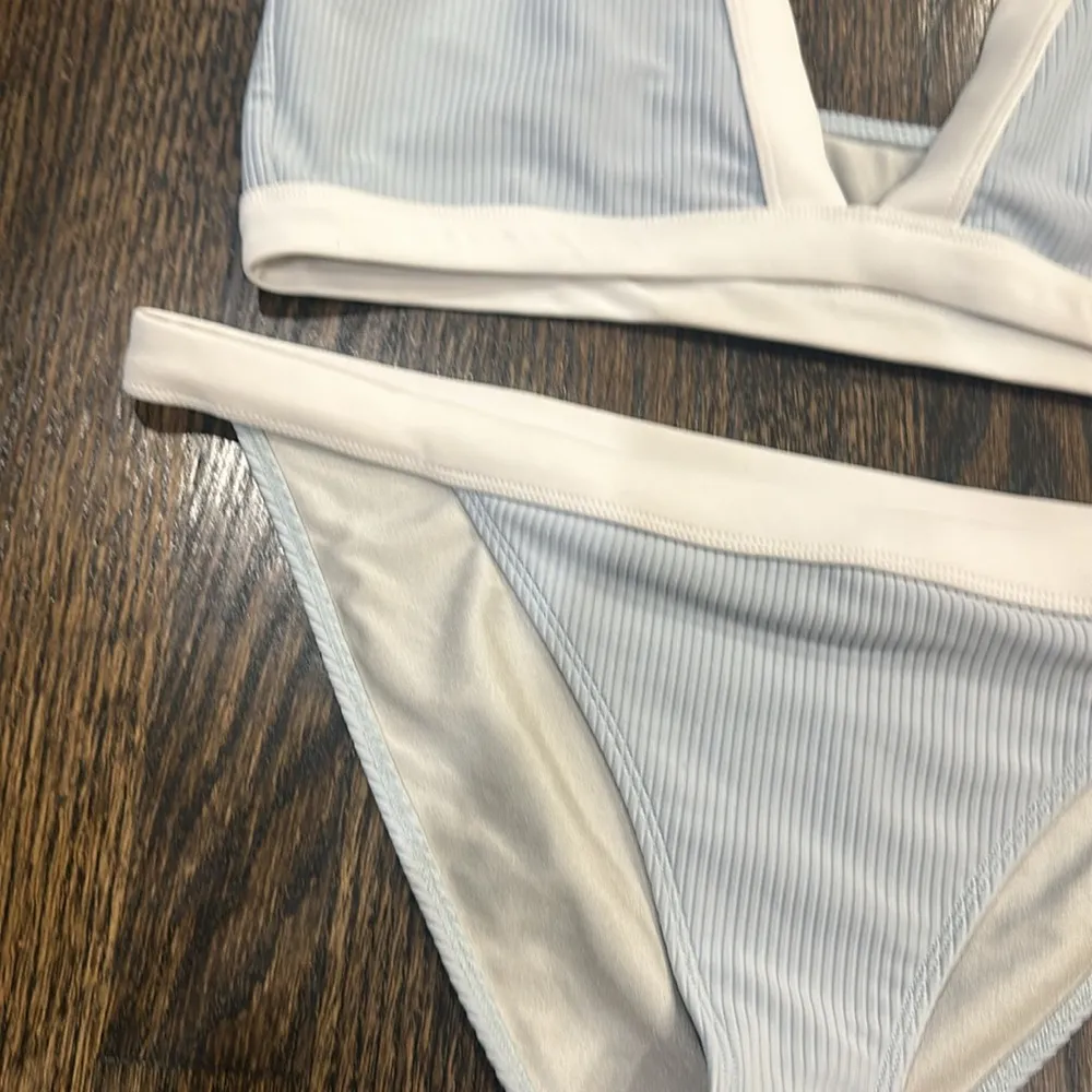 Tularosa Shore Top and bottom in Baby Blue & White bikini - Image 7