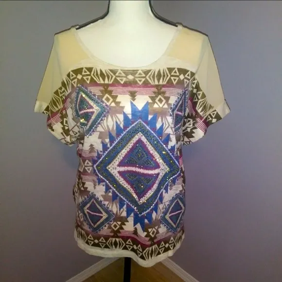 Vocal USA beige sequined Aztec native print short sleeve blouse - Image 2