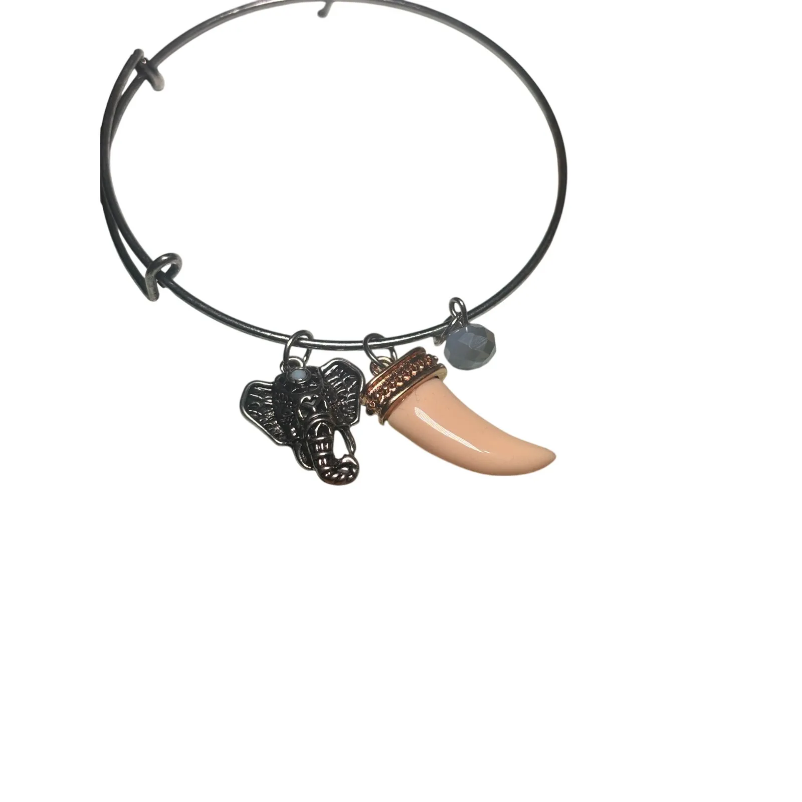 Adjustable Charm Bangle Bracelet Elephant Tooth Bead Safari Silver Tone - Image 3