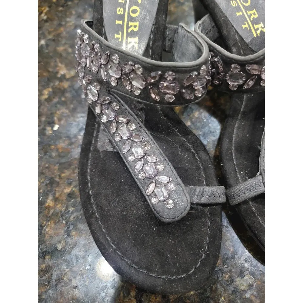 New York Transit Bling Wedge Sandals Womens Size 8M Black Crystal Stone Slip On - Image 10