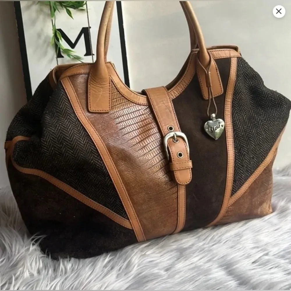 Sharif Leather Suede and Wool Herringbone Satchels Shoulder Bag Vintage Purse Brown - Image 9