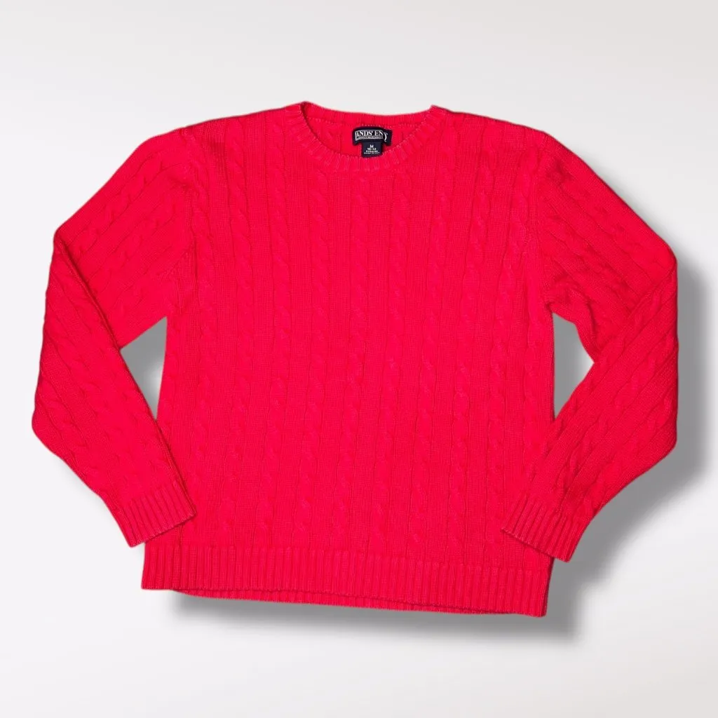 Lands' End Red Cable Knit Cotton Sweater Made In USA Medium - Image 9