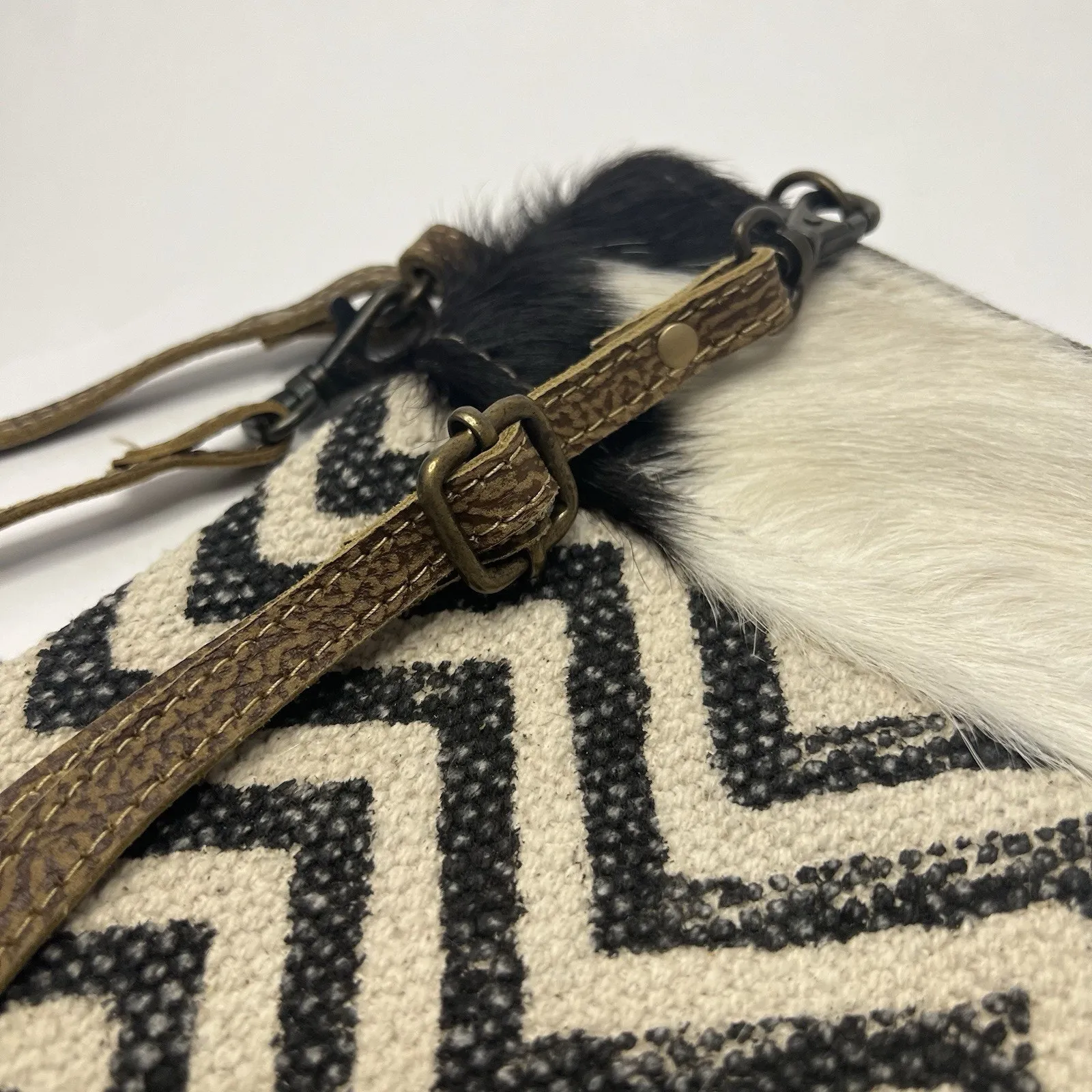 Myra Bag Southwestern Blanket Canvas Chevron Tooled Cow Hair Crossbody Purse - Image 3