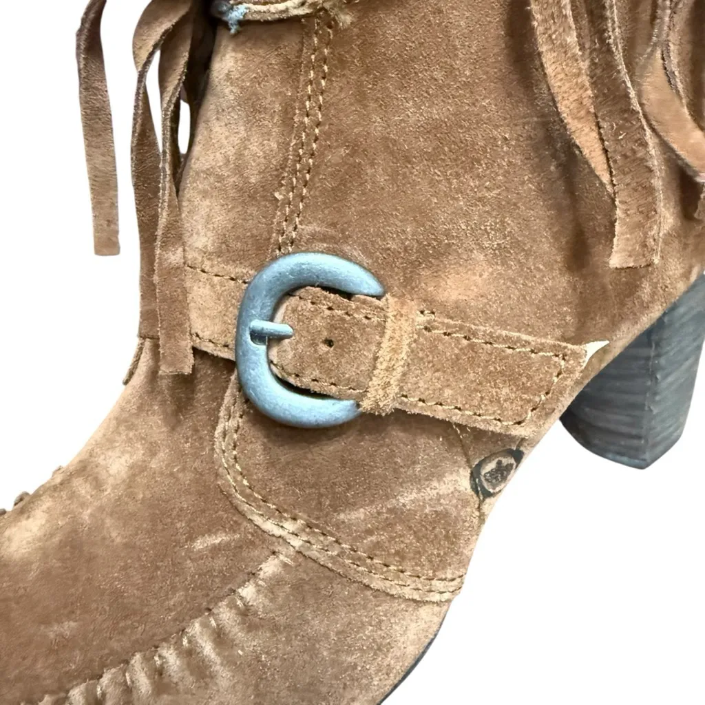 Born Women’s 8.5 Suede Fringe Moc Toe Ankle Boots Brown Block Heel Western Boho - Image 5