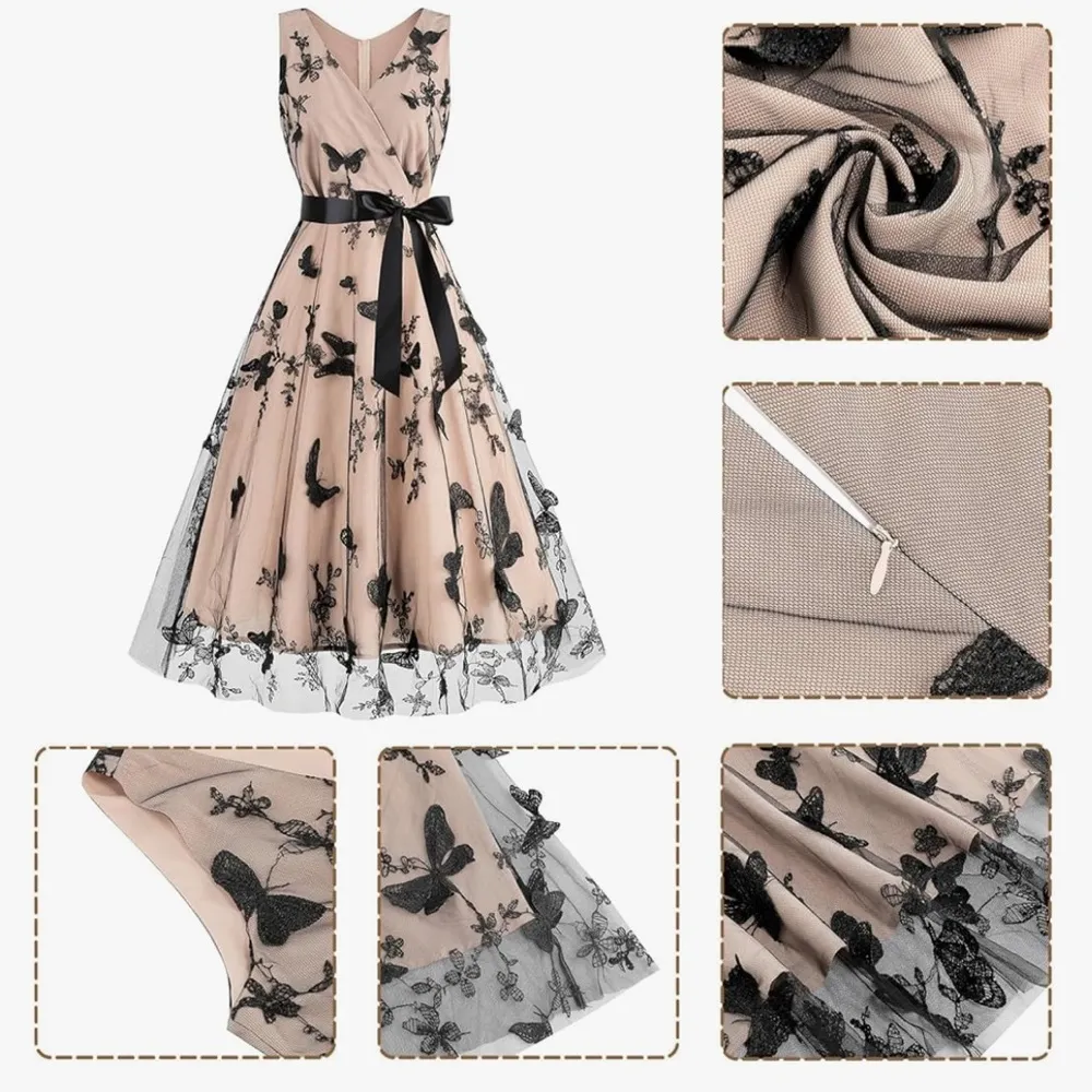 NWT 1950s Dress Vintage Elegant Butterfly Lace Cocktail Party Midi Dress Formal Black Size XXL - Image 4