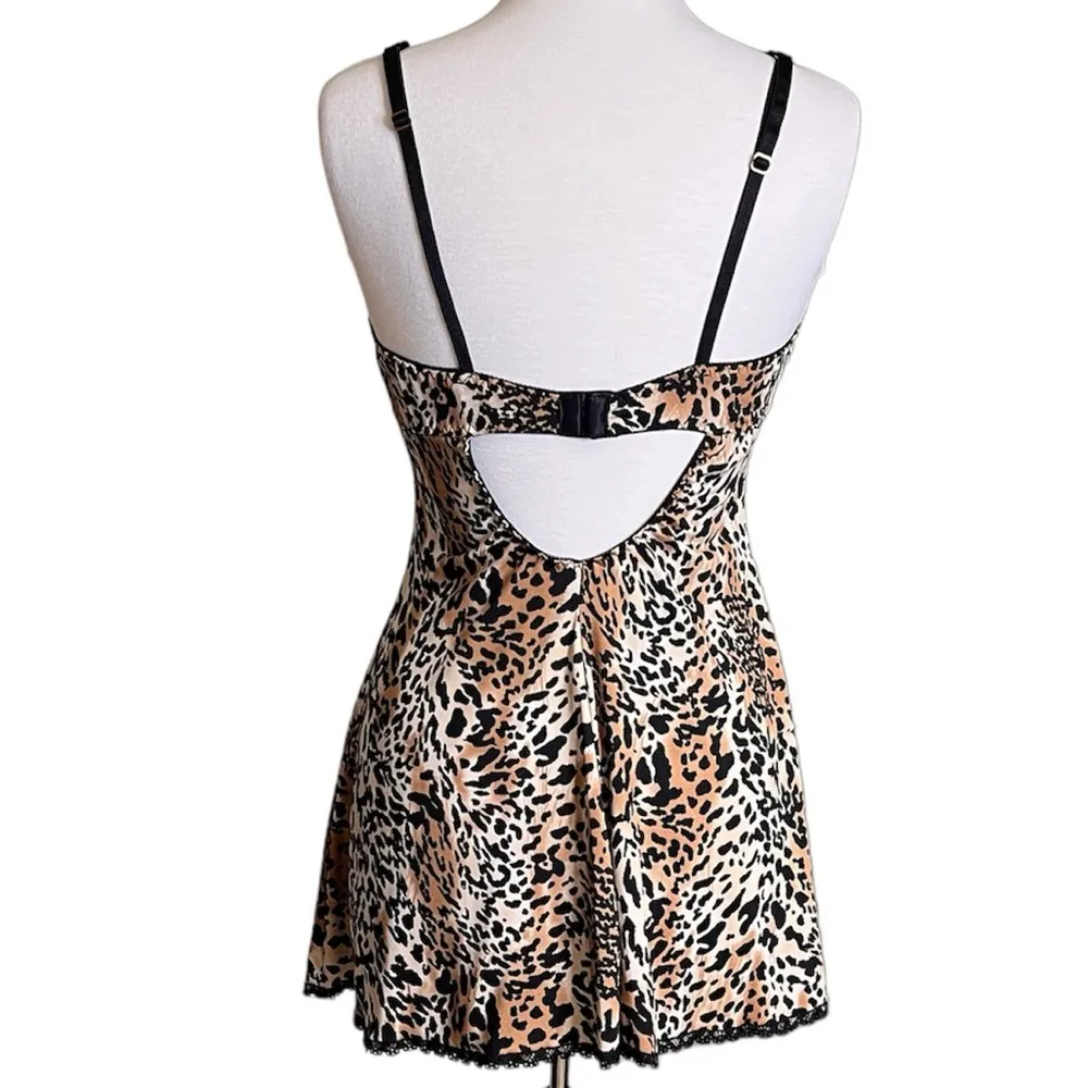 Leopard Print Slip Dress Nightgown Nightie Lace Lingerie M Medium Black - Image 3