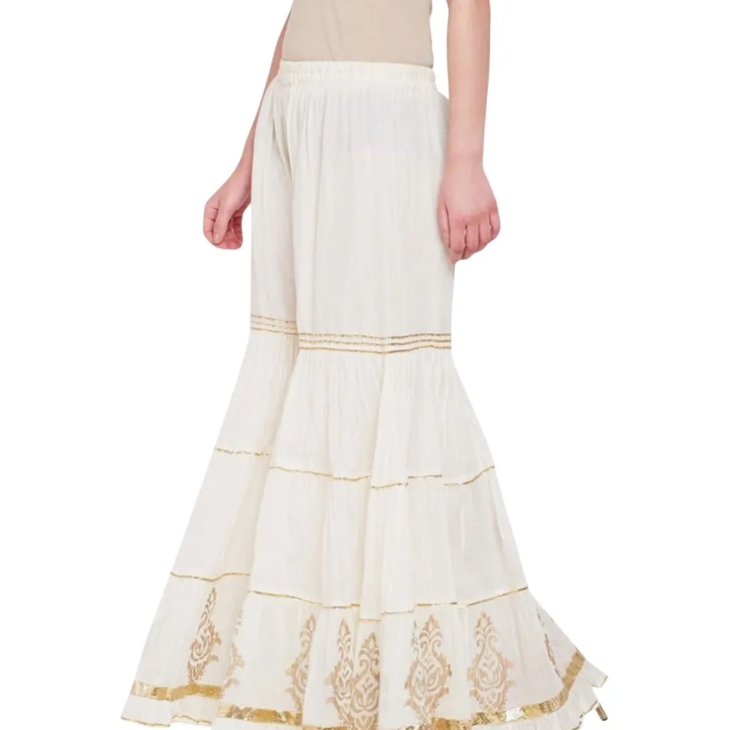 Studio Rasa Block Print Tiered Wide Leg Palazzo Pants Size 40 Boho Metallic Hem Gold - Image 15