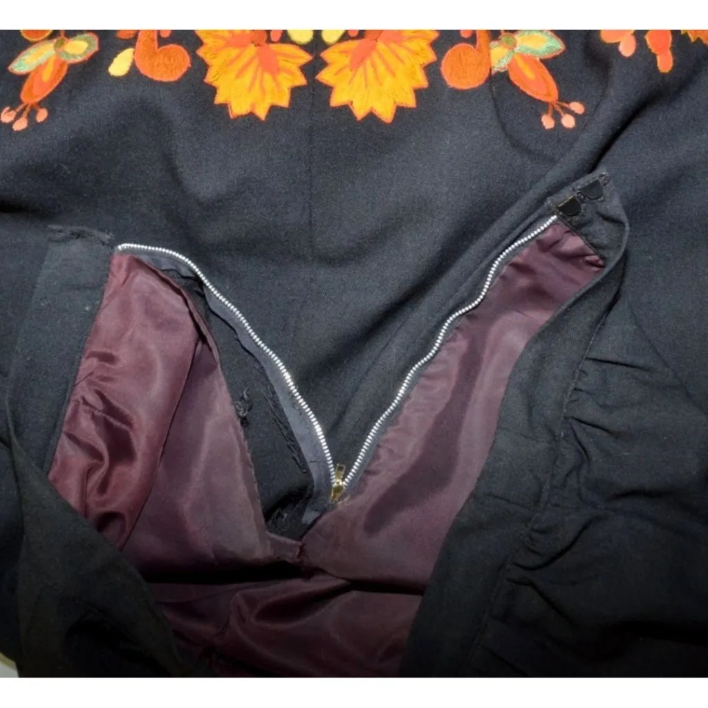 Vintage Unique Fall Handmade Ladies M Black Floral Crewel Embroidered Midi Skirt - Image 9