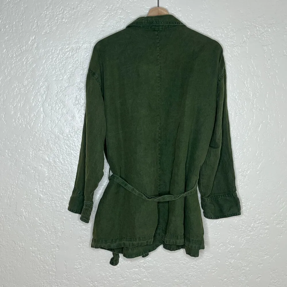 Tahari Women's Green Linen Utility Shacket Tie Waist Jacket Size Small - Image 2