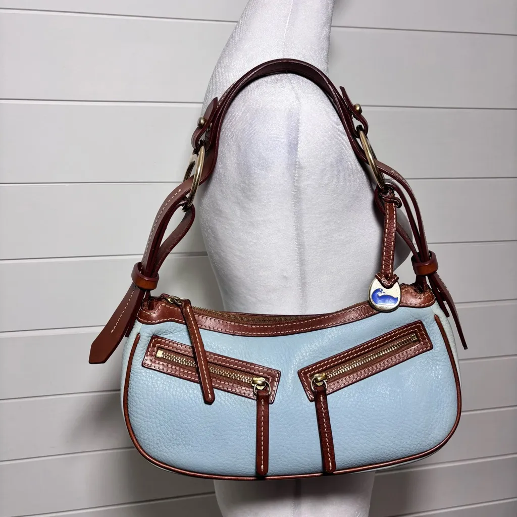 Dooney&Bourke Vintage Light Glacier Blue and Brown‎ Leather Shoulder Bag - Image 3