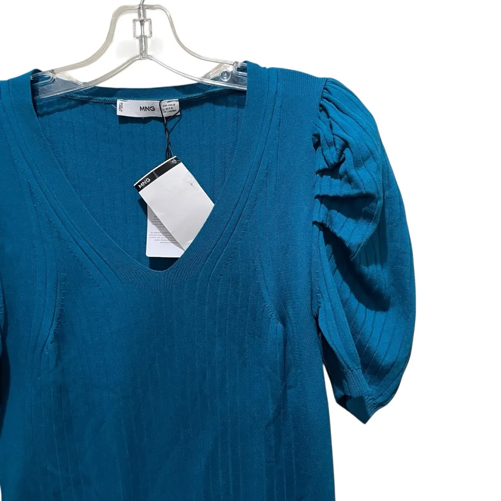 MNG Mango Puff Sleeve Ribbed Knit Top Teal Blue Women’s Size Medium NWT Green - Image 4