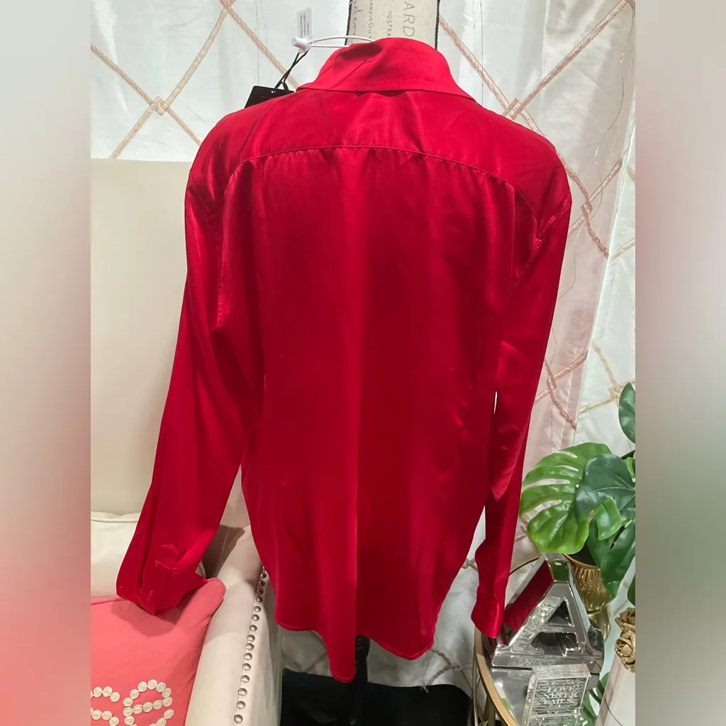 NWT RED SILK SILKY LONG SLEEVED BLOUSE/PAJAMA TOP Size XL - Image 3