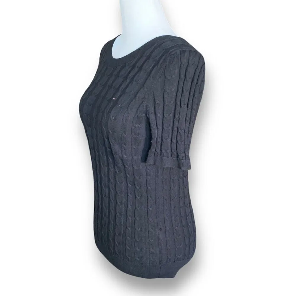 Tommy Hilfiger Crewneck Sweater Short Sleeve Scoop Neck Ribbed Black Cable Knit - Image 2