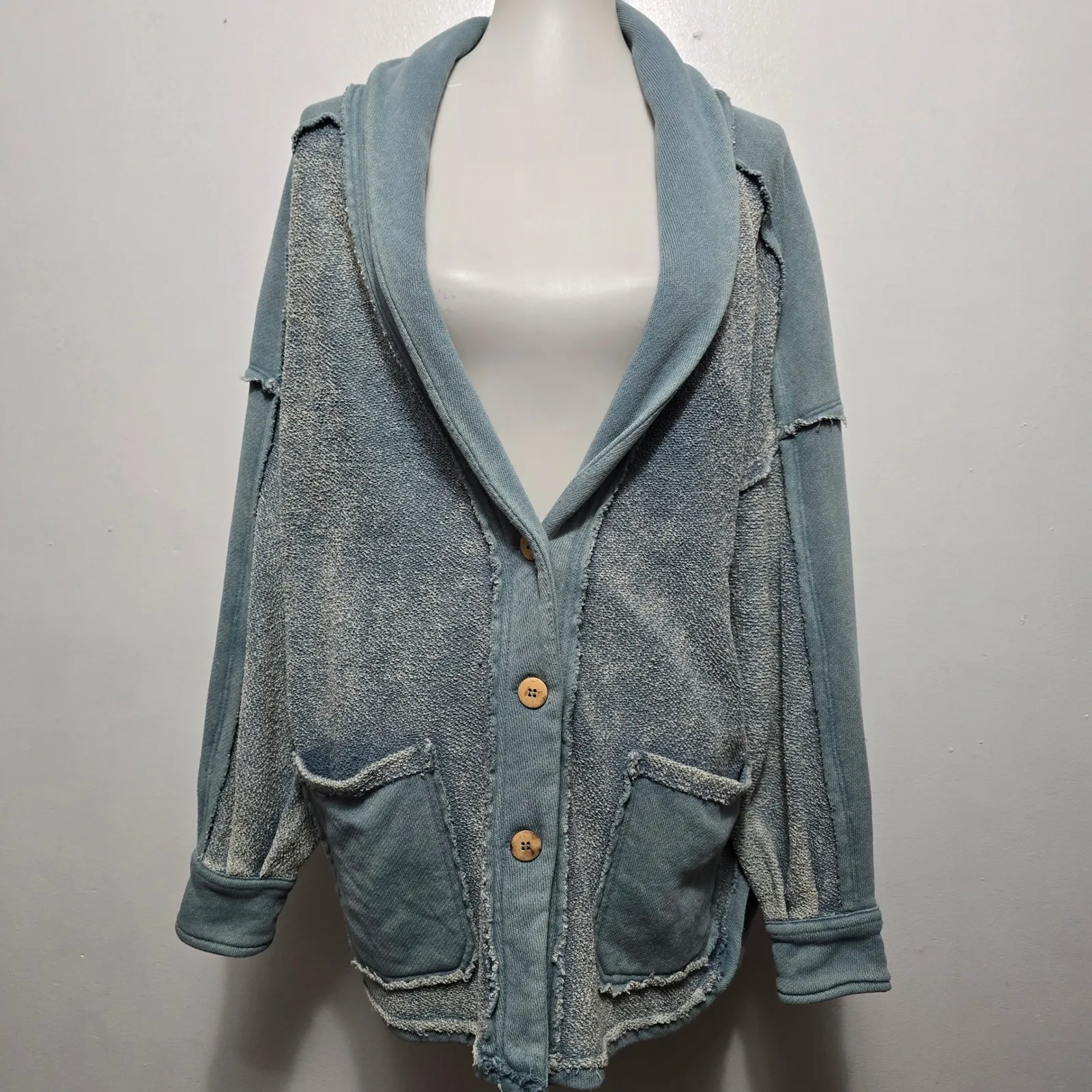 ZENANA Distressed Blue Cotton Blend Cardigan Shawl Collar Button Oversized XL - Image 2