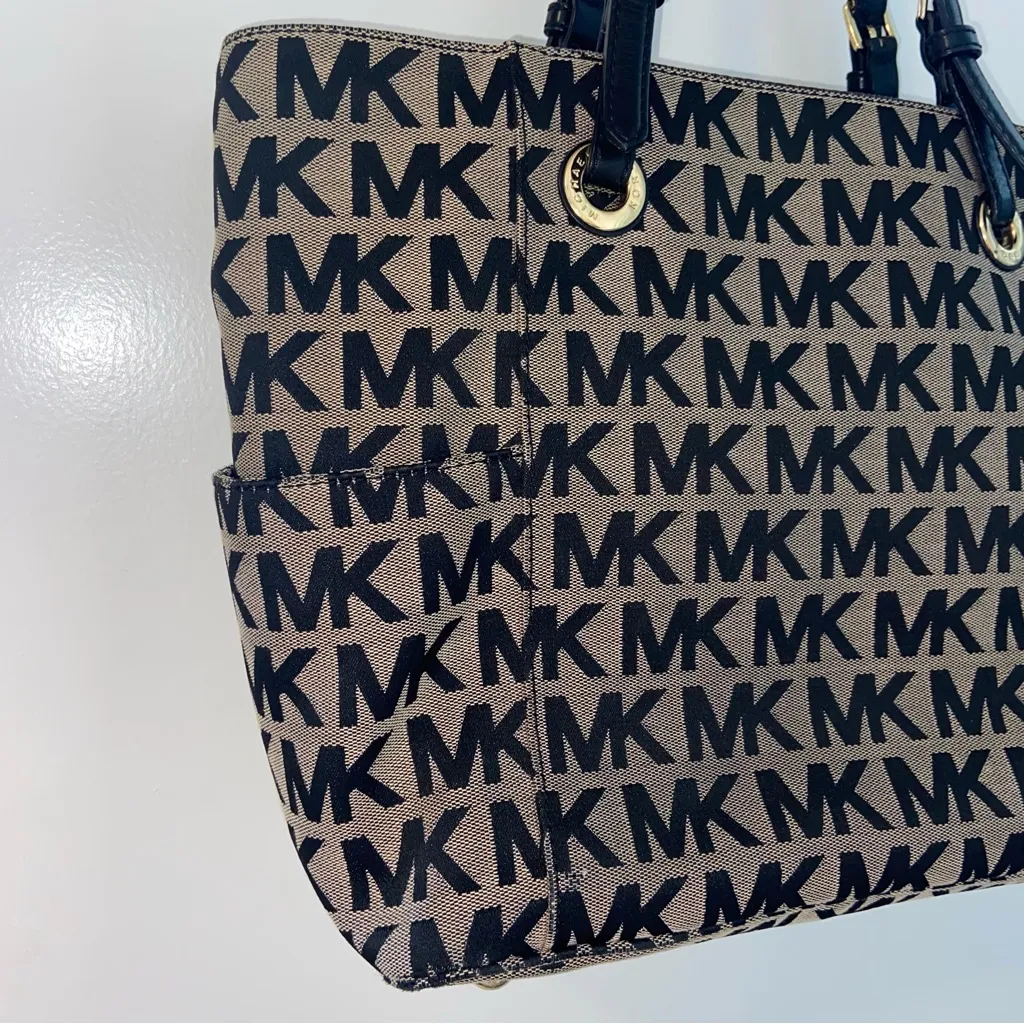 Michael Kors Jet Set East West Jacquard Black and Tan Logo Tote - Image 6