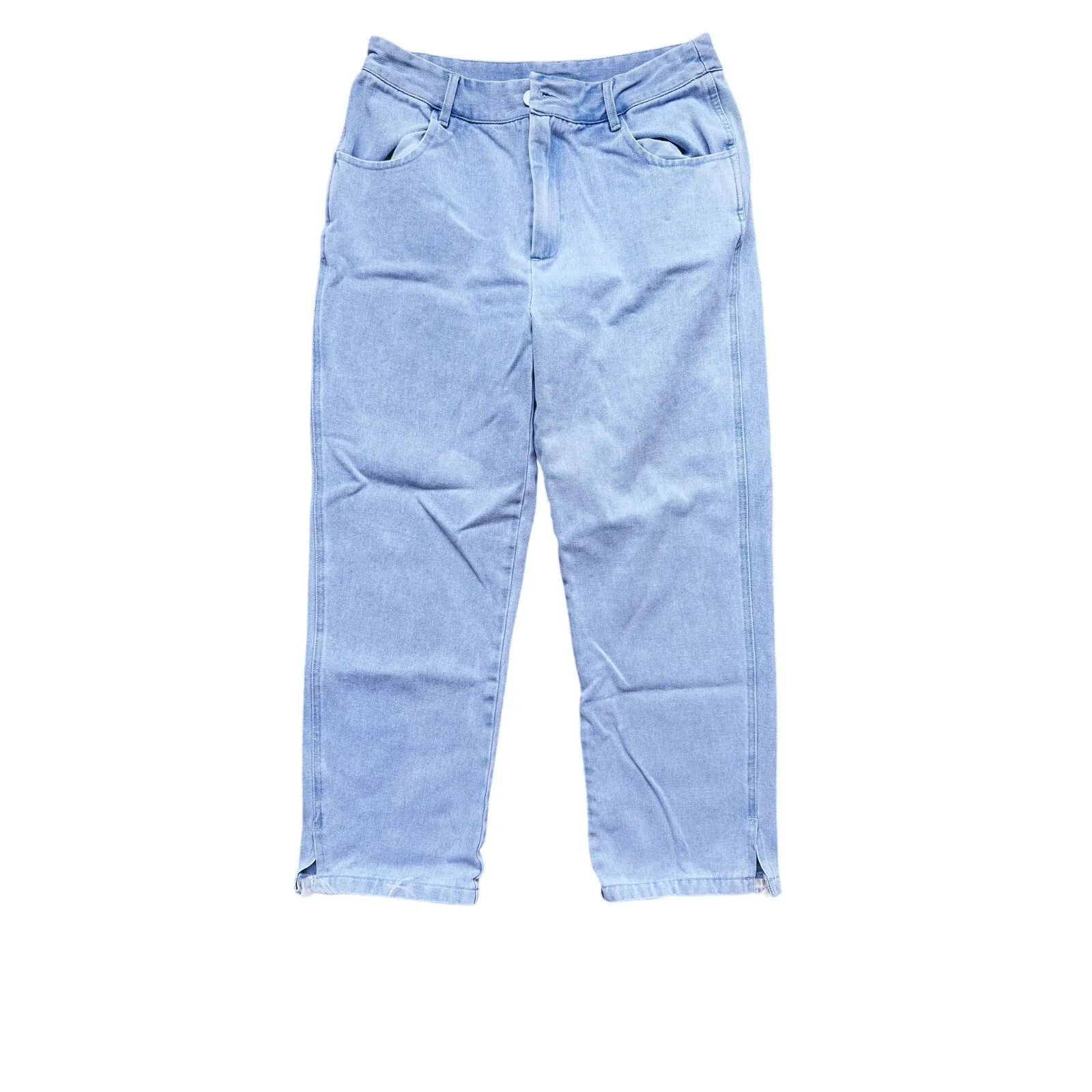 Strut & Bolt Y2K Glam Feather Hem Straight Leg Blue Jeans L Festival Maximalist - Image 3